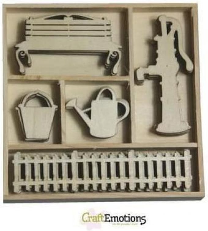 CraftEmotions Houten ornament Botanical Summer - pomp hekje 25 assorti  - box 10.5 x 10.5 cm