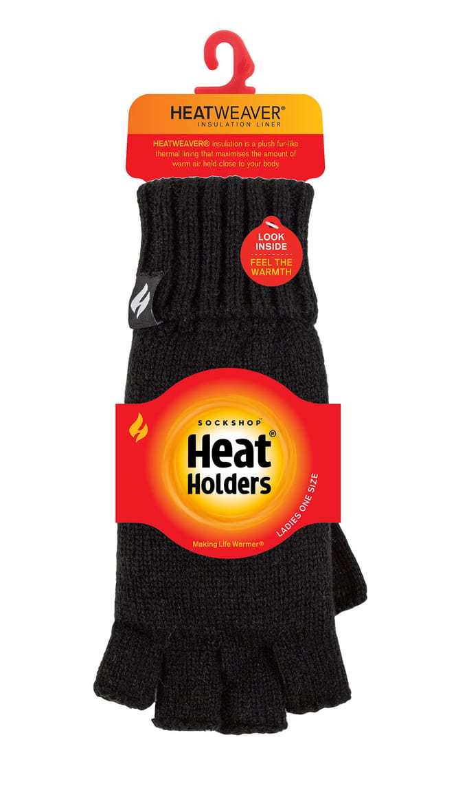 Heat Holders - Solide gebreide vingerloze dameshandschoenen - Zwart