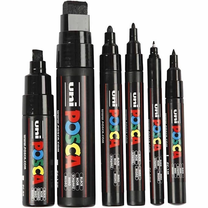 Posca Marker, lijndikte 0,7-15 mm, zwart, 6 stuk/ 1 doos
