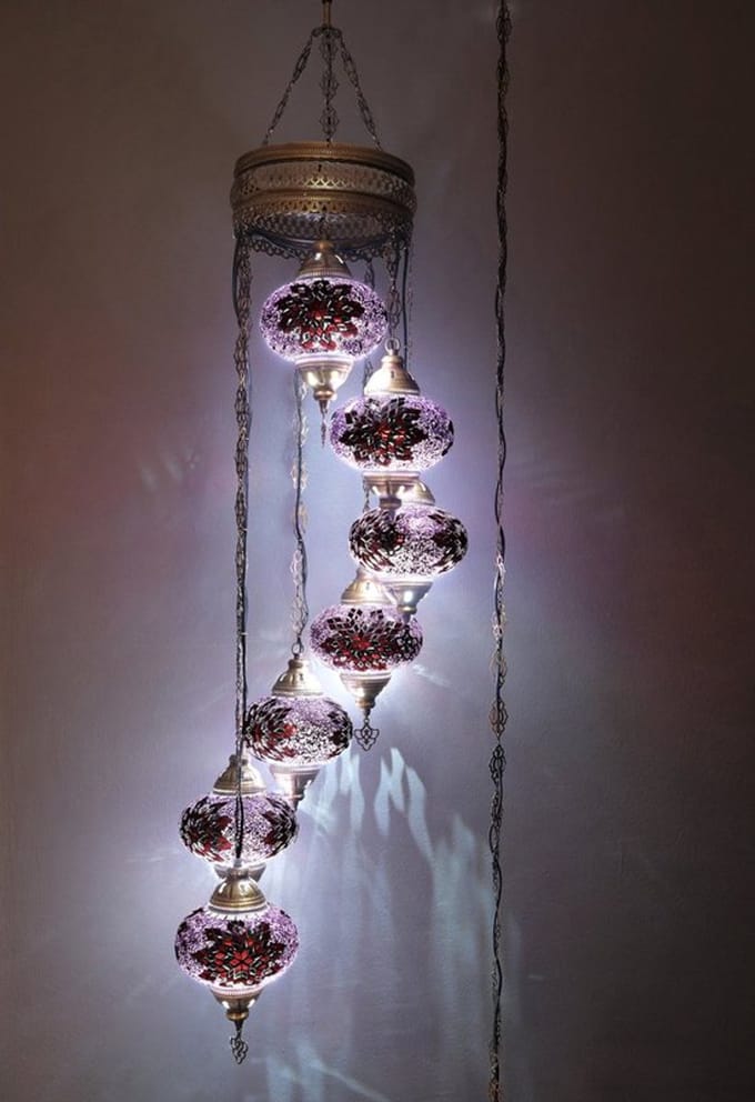 Turkse Lamp - Hanglamp - Mozaïek Lamp - 7 bollen - Paars - Handgemaakt en Authentiek