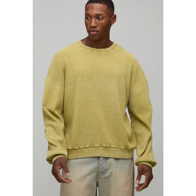 Geribbeld Oversized Boxy Acid Wash T-Shirt met Lange Mouwen | Mustard | Size Medium