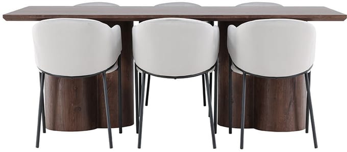 Olivia eethoek tafel 100x210cm en 6 velours stoelen met armleuningen mocca.