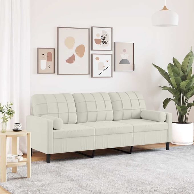 vidaXL - Driezitsbank - met - sierkussens - 180 - cm - fluweel - crèmekleurig