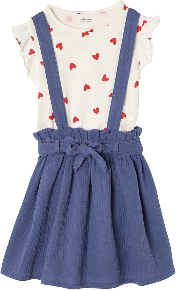 Vertbaudet Set - 2 delig - t-shirt - rok - strepen - katoengaas