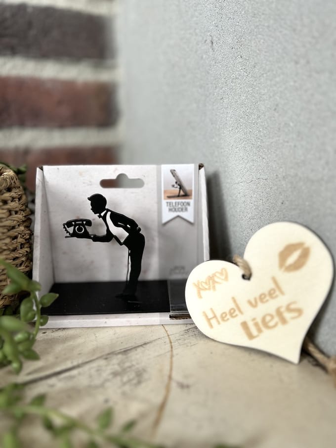 Creaties van Hier - Telefoonhouder met houten hartje - Butler - Metaal