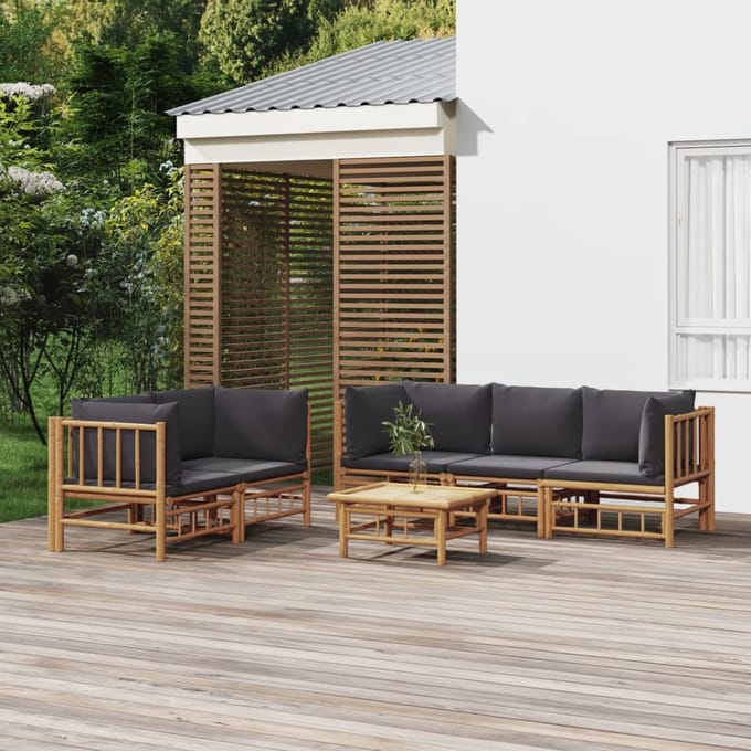 vidaXL - 6-delige - Loungeset - met - kussens - bamboe - donkergrijs
