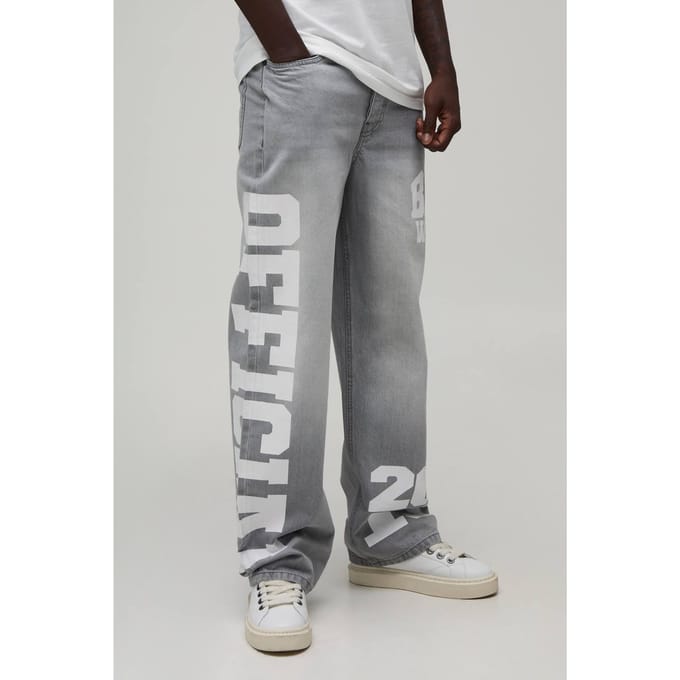 Relaxed Rigid Officiële Varsity Print Denim Jeans | Ice Grey | Size 28