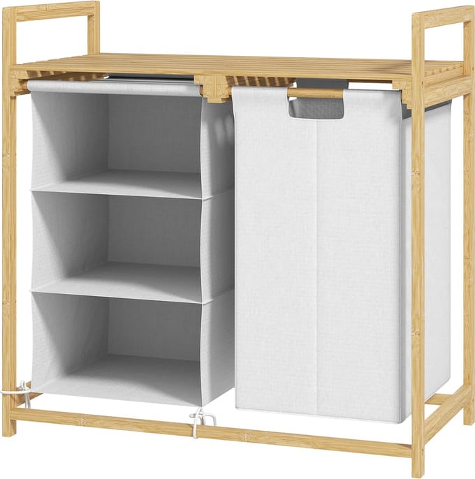 Killogood Wasmand met waszak - stoffen lade - bamboe - 70x36x70cm - wit/hout