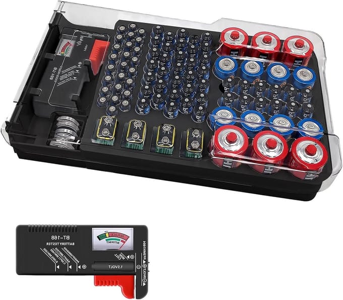 Batterijbox met tester - Batterij opslag - Orde houden - Ingebouwde tester - 98 batterijen - Transparant