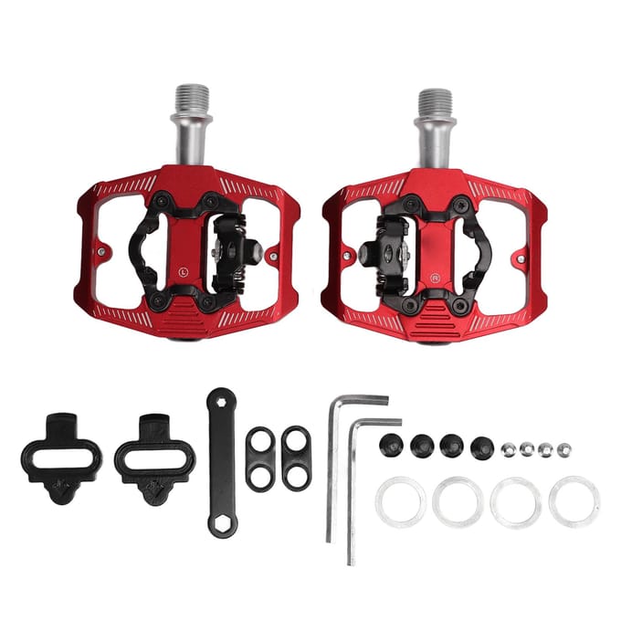 Pédale de Vélo Double Fonction Plate à Fixations Clipless 3 Roulements Scellés Pédale de Vélo VTT pour SPD rouge