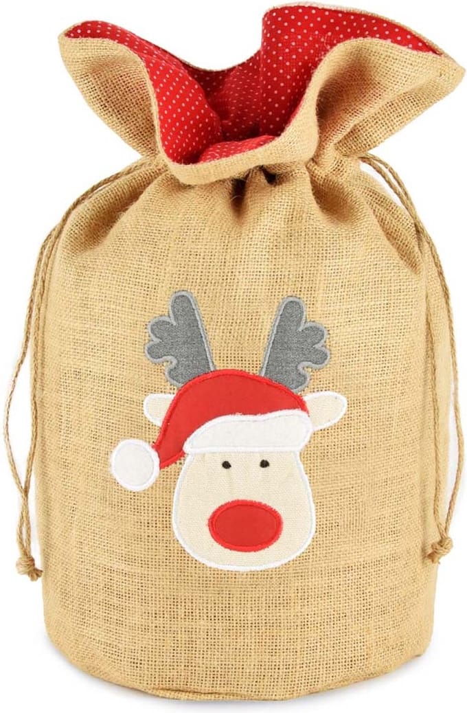 Dekoratief | Jutezak m/rood gestipte voering, 'Rudolph' applique, 20x40cm | A195373