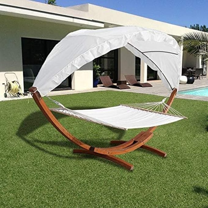 Hangmat met frame - Zonnedak hangmat - Buiten ontspannen - Weerbestendig larikshout - 2 x 1.5 meter - Wit