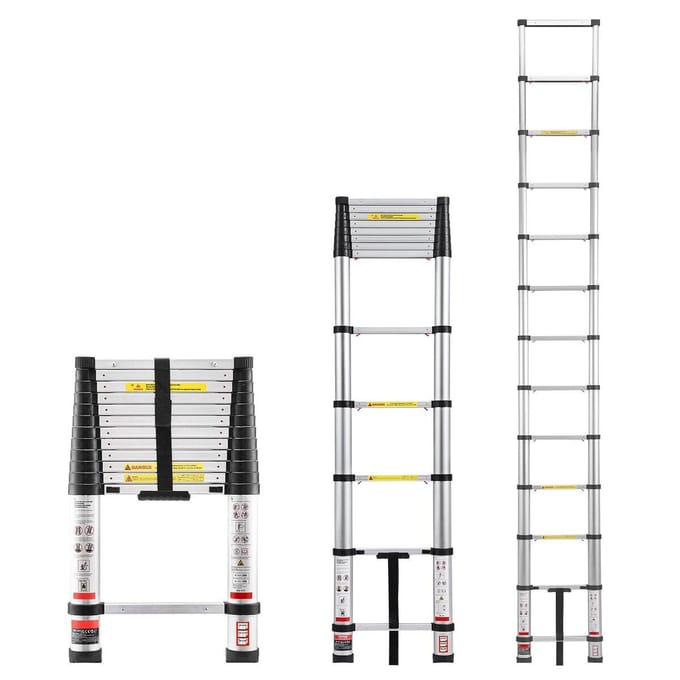 3,8m Telescopische Ladder, Aluminium Lichtgewicht Multifunctionele Opvouwbare Uitschuifbare, Eén-Aanraking Intrekbare Ladder, Robuuste Maximale Capaciteit 150kg met