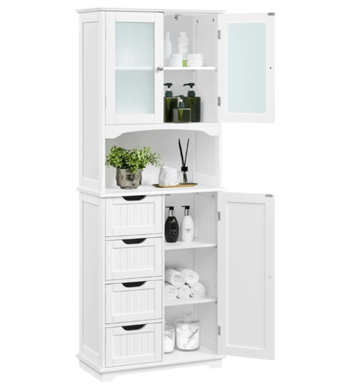 Yaheetech Badkamerkast - Wit - 63 x 30 x 165,5 cm - Glazen Deuren, 4 Lades, Verstelbare Planken