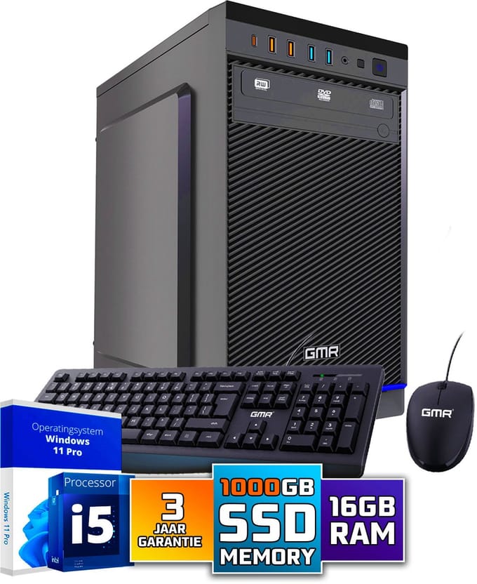 Intel Compleet PC + Muis & Toetsenbord | Intel Core i5 | 16 GB DDR4 | 1 TB SSD | RTX 3050 | Windows 11 Pro | Wi-Fi & Bluetooth