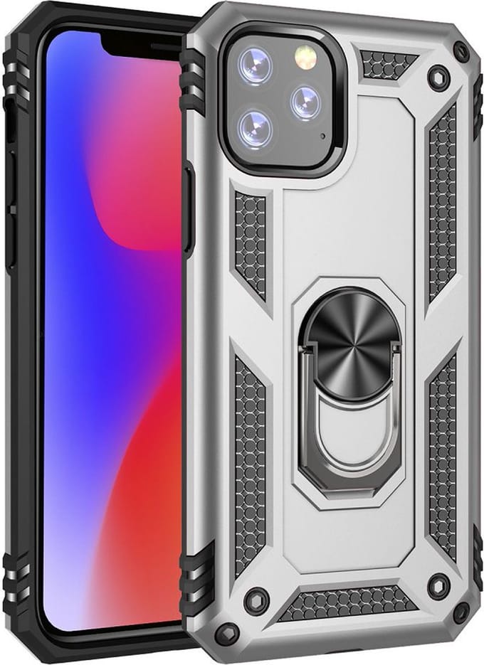 MobyDefend Hoesje - Geschikt voor iPhone 11 - Pantsercase Met Draaibare Ring - Zilvergrijs