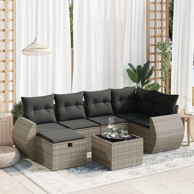 vidaXL - 7-delige - Loungeset - met - kussens - poly - rattan - grijs