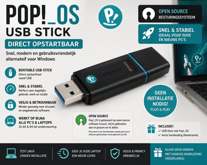 Pop! OS Linux 24.04 LTS USB Stick – Bootable – Direct Opstartbaar – Snel & Gebruiksvriendelijk