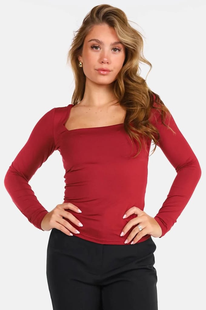 Getdrezzed Top - Maat: M - Basic shirt vierkante hals bordeaux