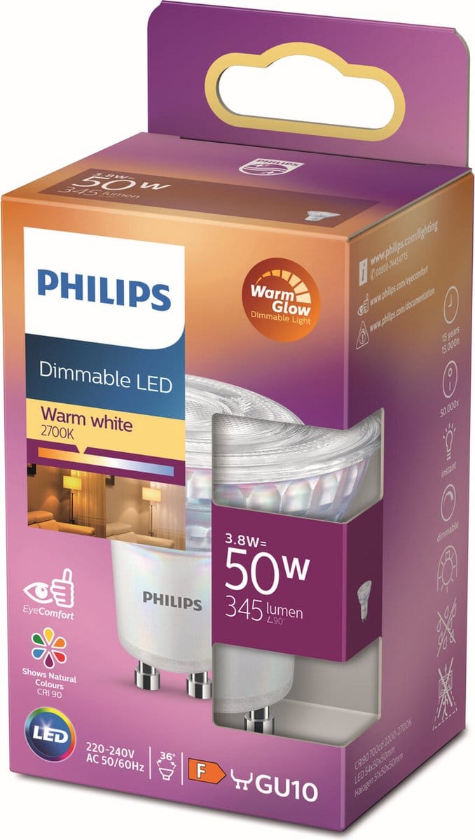 Philips LED spot WarmGlow Spot 3.8W/922-927 (50W) 36° dimbaar GU10
