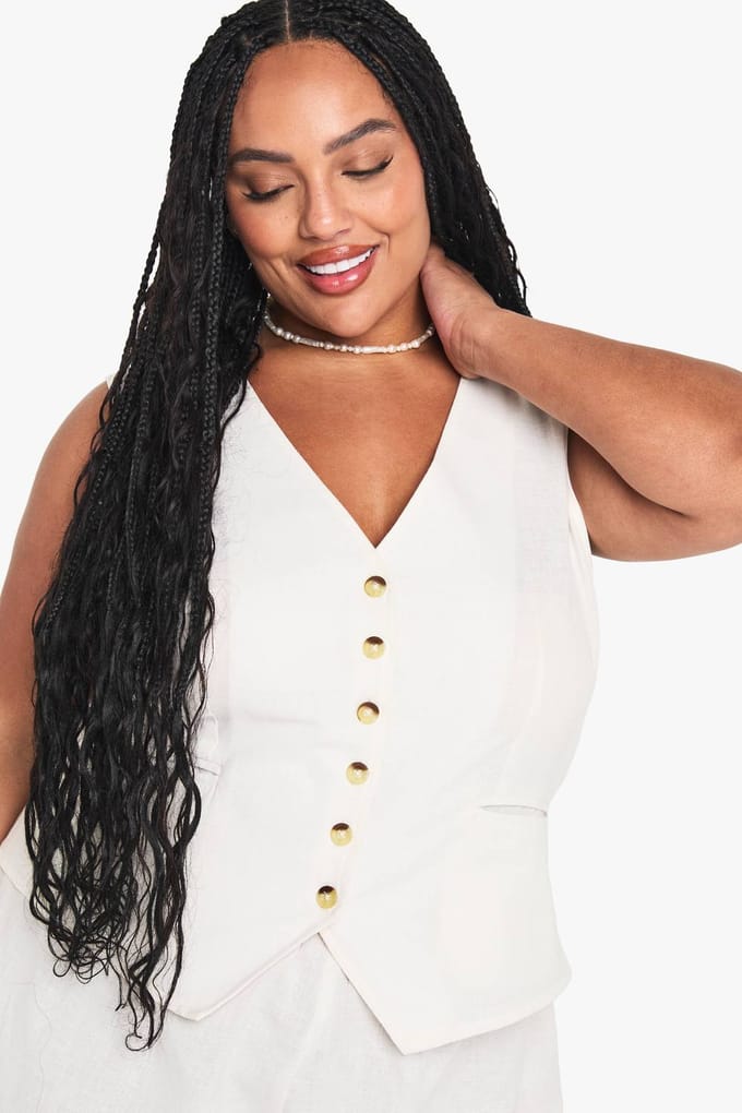 boohoo Dames Plus Linnen-look Vest en Shorts Set | Camel | Maat: 52