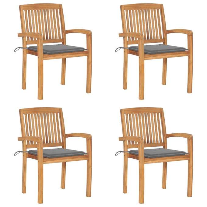 vidaXL - Tuinstoelen - stapelbaar - 4 - st - met - kussens - massief - teakhout