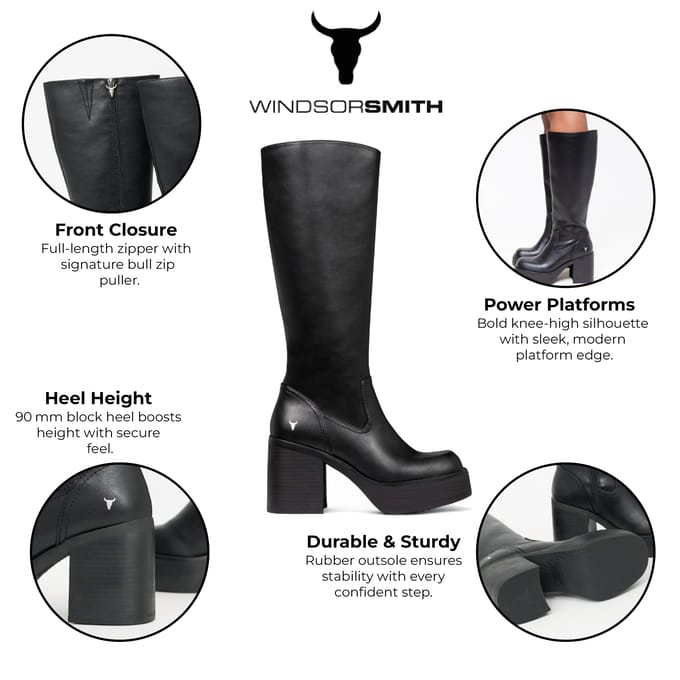 Windsorsmith Dames Zwarte Kunstleren Kniehoge Platform Hak Laarzen - Niche