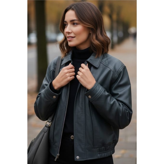 Dames marineblauw leren Biker Blouson Bomber Oversized Jas - Moon