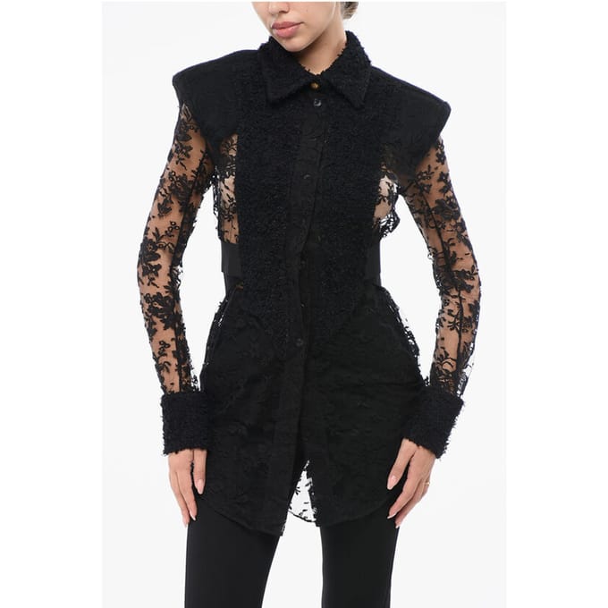 Kanten shirt met schoudervullingen in zwart