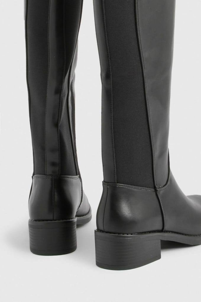 boohoo Dames Chunky kniehoge platte laarzen met elastisch paneeldetail | Black | Maat: 3