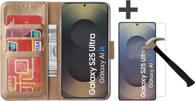 Hoesje met Screenprotector Geschikt voor Samsung Galaxy S25 Ultra – Arara bookcase met pasjeshouder - Goud