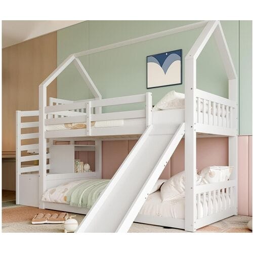ModernLuxe Houten stapelbed 90x200cm - met barrières + opbergtrap + glijbaan - Wit
