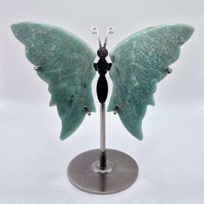Blue Amazonite Butterfly / Vlinder geslepen Edelsteen met Metalen Standaard (amazoniet)