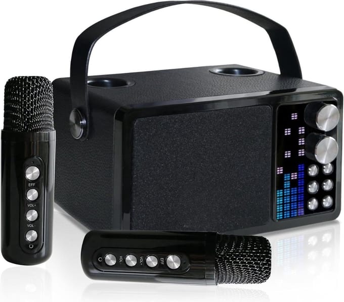 Thuys – Draagbare Karaokemachine – Met Draadloze Microfoons LED Ritmisch Scherm Bluetooth Speaker – Zwart