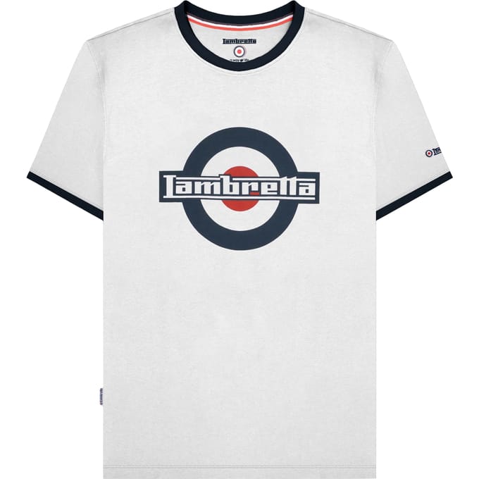 Lambretta Heren SS25 Ringer Logo T-Shirt (Wit/Marineblauw)