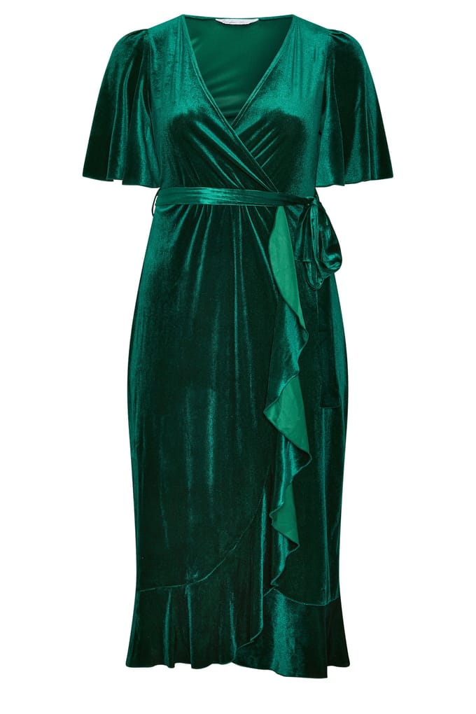 Yours London Groene Fluwelen Wikkeljurk Size 46
