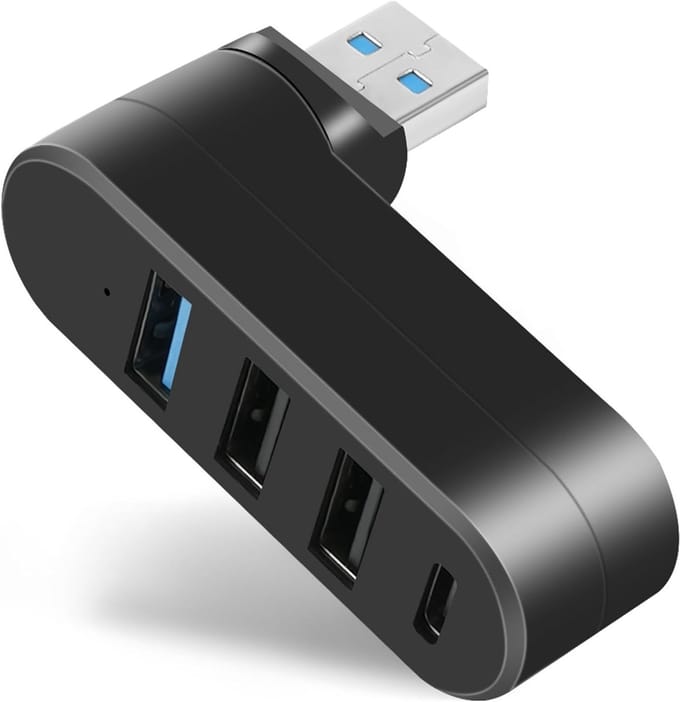 Mini USB Hub Adapter (4 Poorten, USB 3.0 + 2.0 + Type-C) - Draaibare High-Speed USB Hub voor Laptop, USB Flash Drives en MacBook (Zwart)