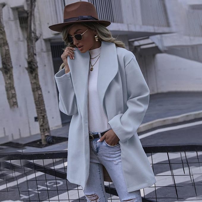 Dames Herfst- en Winterjas Mode Revers Lange Wollen Jas XXXL blauw