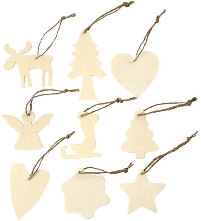 Houten ornamenten - Assortiment, afm 7-8 cm, triplex, Kerst, 72 assorti