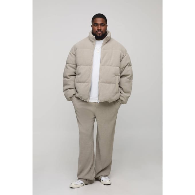 Plus Regular Fit Textured Faux Suede Funnel Neck Puffer Jacket | Grey | Size 2XL