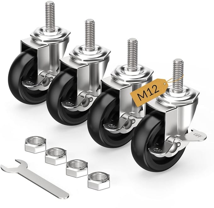 Set van 4 Zwenkwielen 75mm met Remmen en Schroefdraad