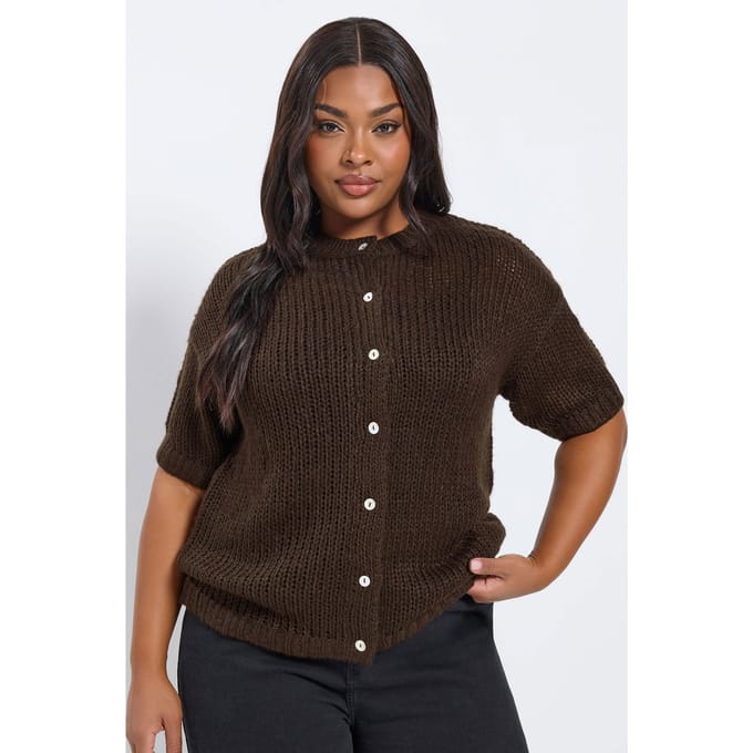 Yours Chocoladebruin Vest Met Korte Mouwen Size 46-48