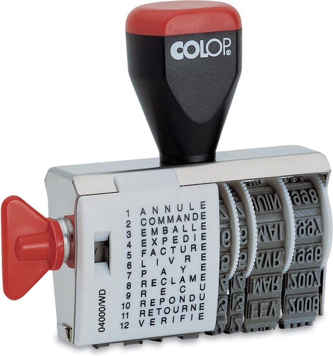 Colop tekststempel met datum woorden: annulé, commandé, emballé, expédié, facturé, livré, payé, réclam...