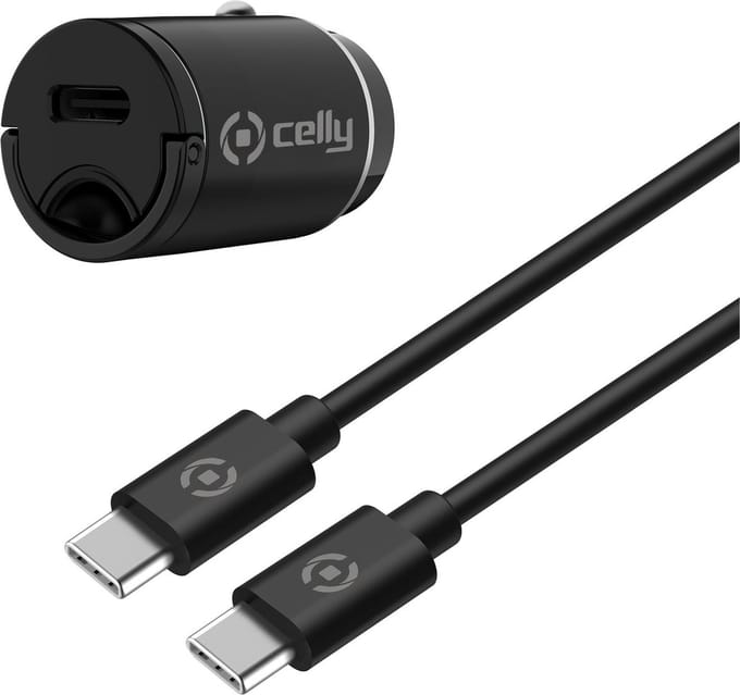 Celly Auto lader+ kabel USB-C>USB-C - Power Delivery technologie - Speciale handgreep - 1 Meter