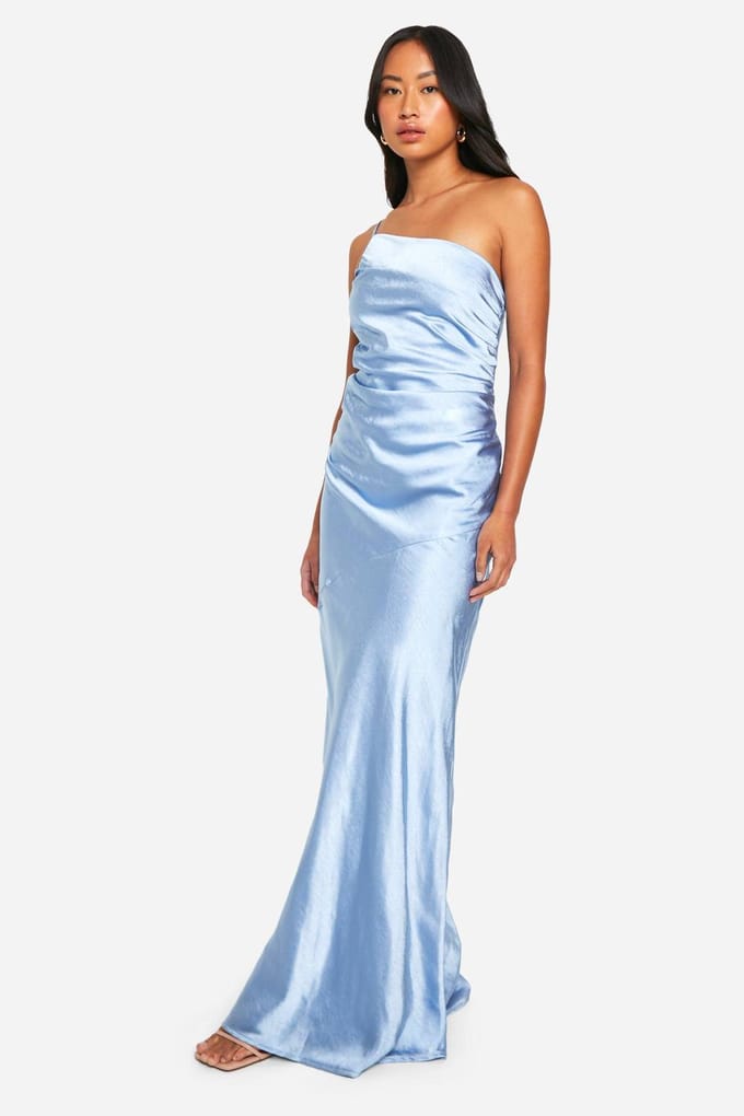 boohoo Dames Bruidsmeisje Satijn Asymmetrische Maxi Jurk | Blauw | Maat: 42