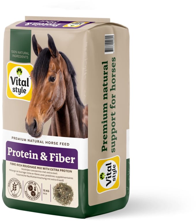 Vitalstyle Ruwvoermix Protein & Fiber - Paardenvoer - Vezelrijke Ruwvoermix met Extra Eiwit - Graan- en Luzernevrij - 15 kg