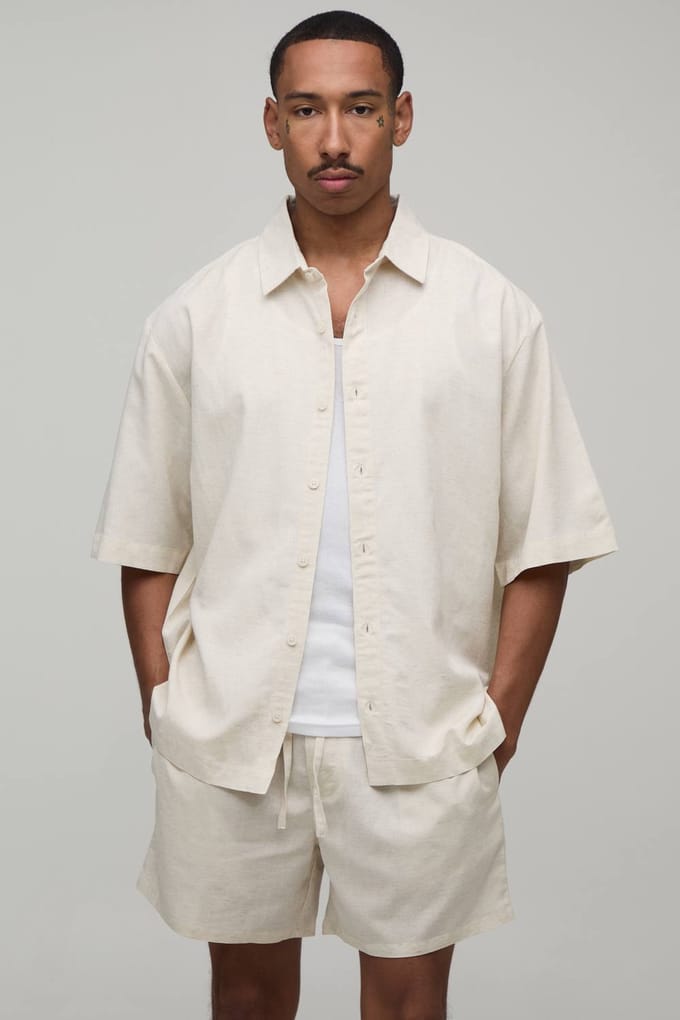 Oversized Shirt Met Korte Mouwen En Relaxed Short Met Locatieprint | Natural | Size Medium