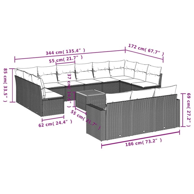 vidaXL - 14-delige - Loungeset - met - kussens - poly - rattan - beige