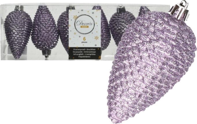 Decoris Kersthangers dennenappels - 6x - lila paars - glitter - 8 cm - kunststof - kerstversiering