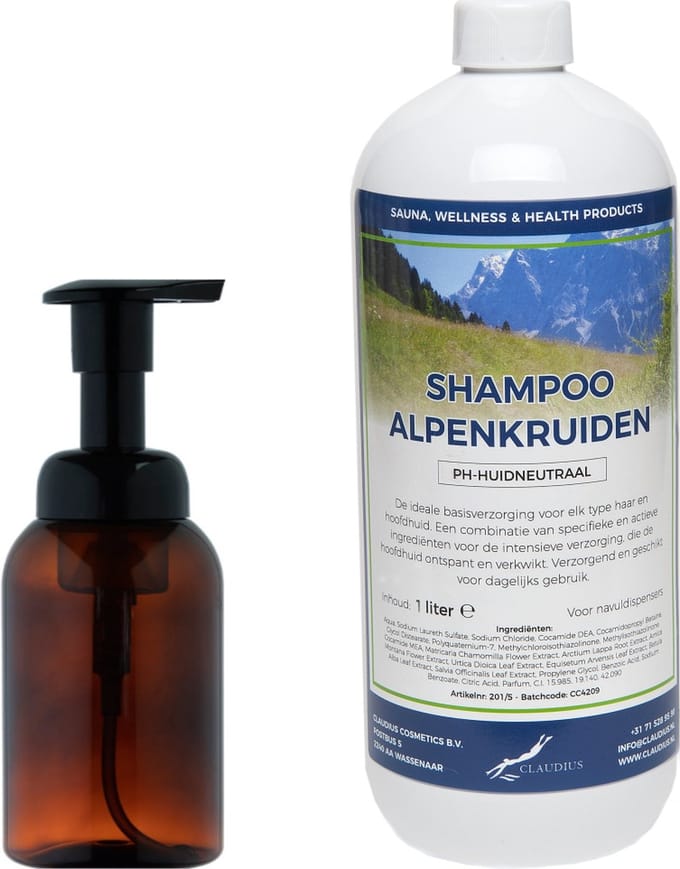 Zeepdispenser 300 ml amber bruin hervulbaar + 1 liter Shampoo Alpenkruiden navulling